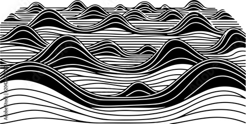 Black and white wavy lines, abstract wave pattern, striped background, vector design element