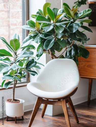 A white chair sits next to a potted plant with large green leaves, with a wooden cabinet in the background. AI.