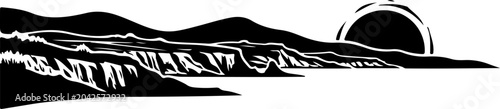 Black, white landscape vector, sunset mountain range silhouette, scenic illustration, graphic design element