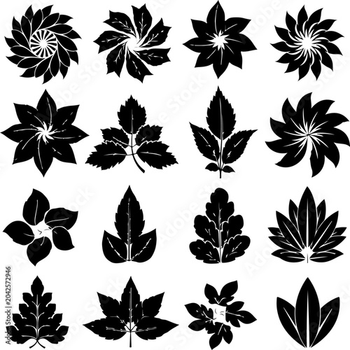 Black leaf icons, leaf silhouettes, vector graphics, 15 leaf shapes