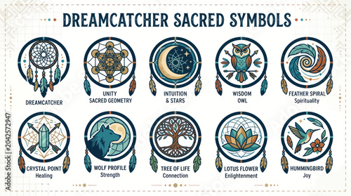Dreamcatcher Sacred Symbols Collection: Owl, Wolf, Tree of Life, Lotus, Hummingbird
