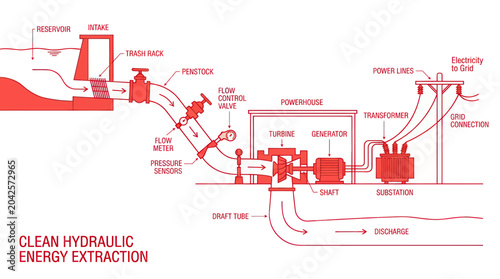 Fotografie Hydroelectric Power Plant Diagram: Clean Energy Generation and Transmission