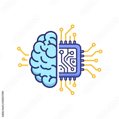 An illustration of a human brain and a computer chip representing artificial intelligence concept