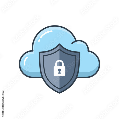 A secure cloud computing concept with a shield and a lock icon for data protection
