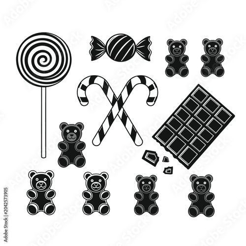 A collection of various sweets and candies, isolated on a white background, in black and white
