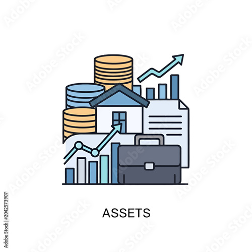 An illustration showing financial growth, assets and a house with a briefcase and coins