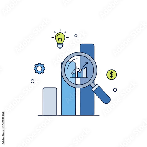 A magnifying glass examines a financial graph with a lightbulb and a gear icon