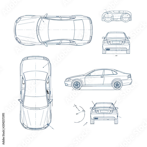 Detailed blueprint of a generic vehicle, showing different views and perspectives for design