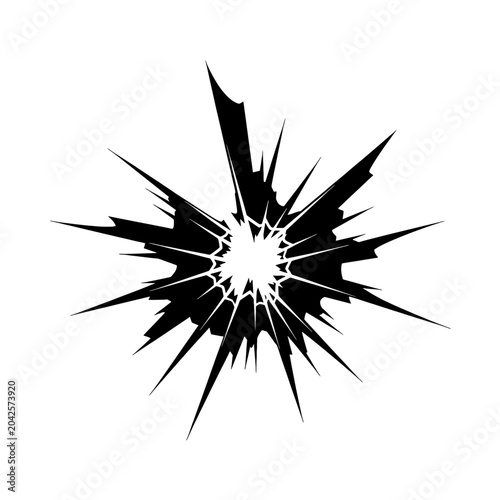 A black and white graphic illustration of an explosion or burst effect on a white background