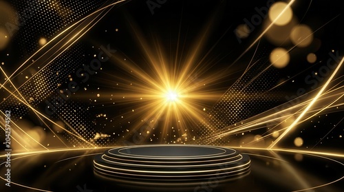 Award ceremony background with glowing golden particles and light rays.
