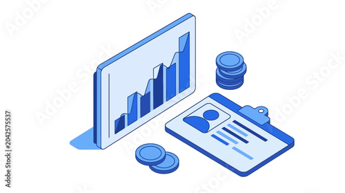 Tableau sur toile Business analytics chart, coins, and clipboard with profile icon