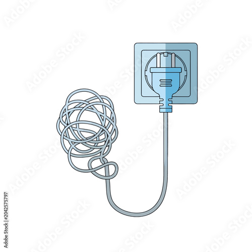 A blue electrical plug is connected to a wall socket with a tangled power cord