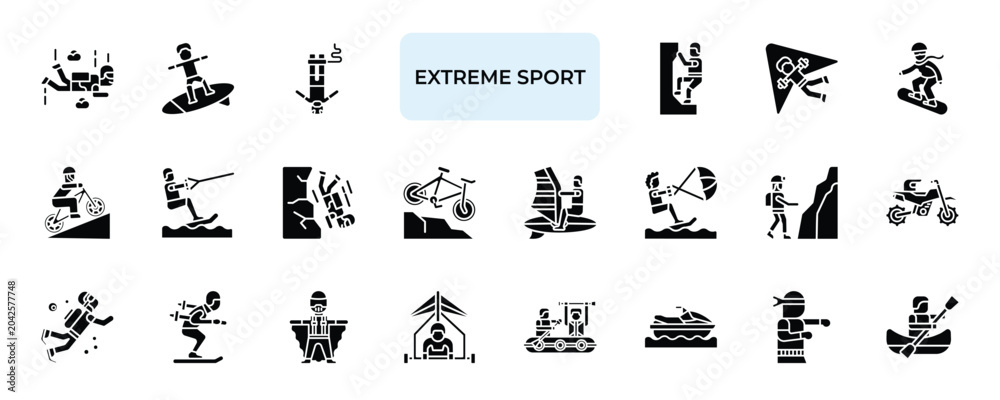 Naklejka premium Extreme Sport Icon set Collection in Solid Glyph Style. adrenaline, adventure, action, outdoor, activity, recreation 