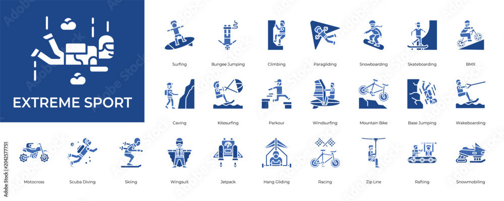 Naklejka premium Extreme Sport Icon set Collection in Glyph Two Color Style. adrenaline, adventure, action, outdoor, activity, recreation 