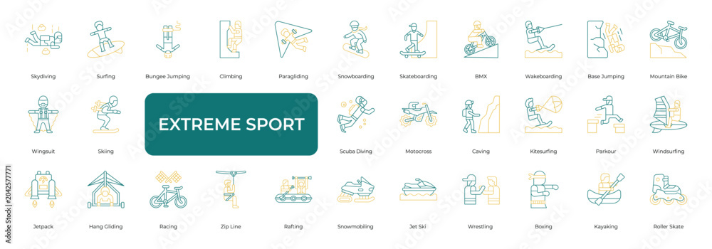 Naklejka premium Extreme Sport Icon set Collection in Line Two Color Style. adrenaline, adventure, action, outdoor, activity, recreation 