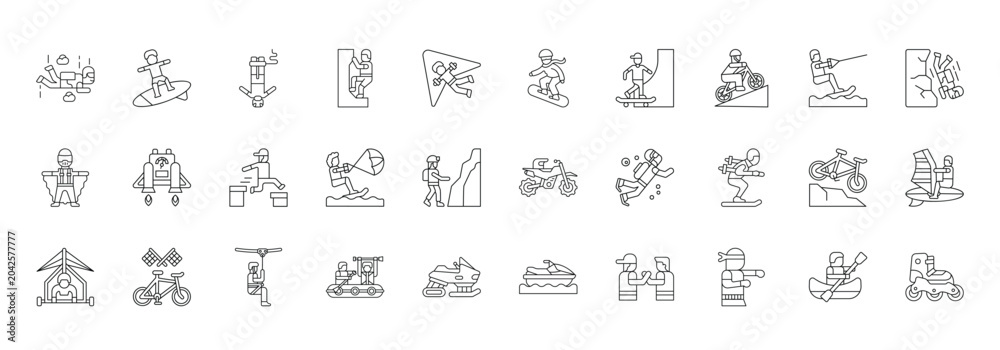 Naklejka premium Extreme Sport Icon set Collection in Line Style. adrenaline, adventure, action, outdoor, activity, recreation 