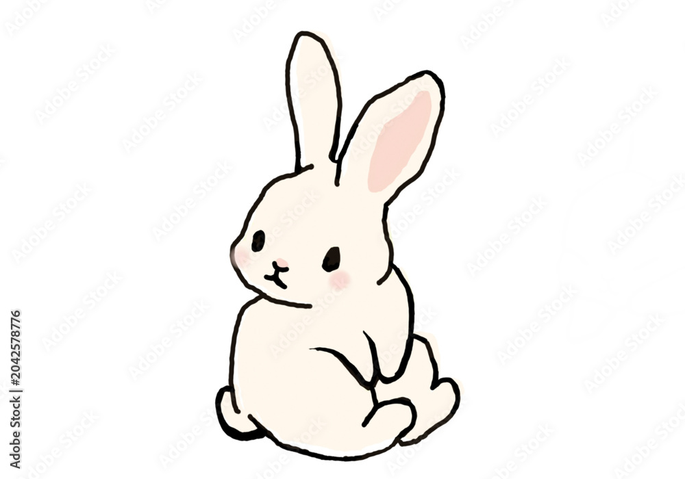 Obraz premium A cute cartoon-style illustration of a white rabbit with blushing cheeks and upright ears sitting quietly