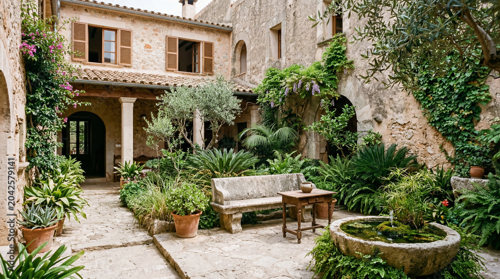 Fototapeta premium Serene interior courtyard utilizing natural cross ventilation featuring historic stone walls and lush green plants.