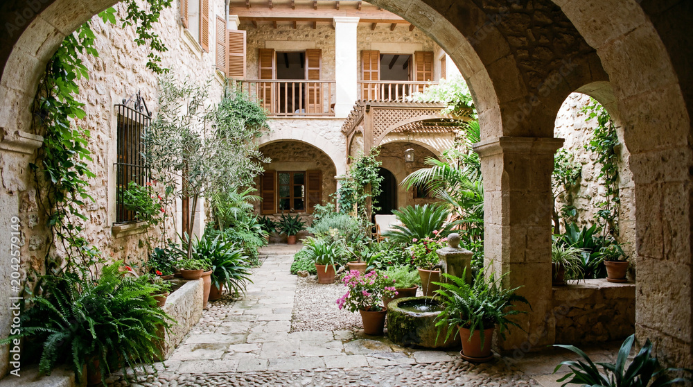 Fototapeta premium Peaceful interior courtyard utilizing natural cross ventilation with rustic stone walls and lush decorative flora.