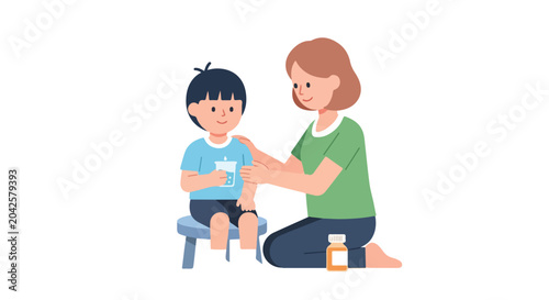 Photos A mother gently helps her young son drink water from a glass, with a bottle of medicine nearby, in this heartwarming flat vector illustration