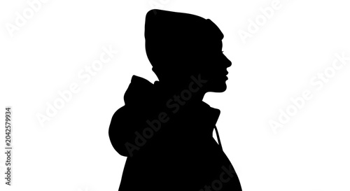 Anonymous profile silhouette of a person wearing a winter beanie and hooded jacket, isolated on a white background