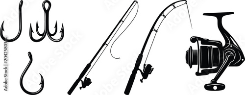 Photos fishing hooks rods reel silhouette vector clipart set kit for designer