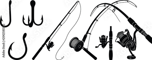Photos fishing tackle set hooks rods reels silhouette clipart for logos badge