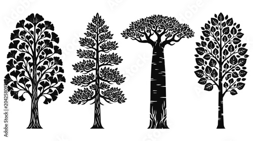 Set of black tree silhouettes and botanical illustrations in woodcut style, a vector design featuring four different trees.