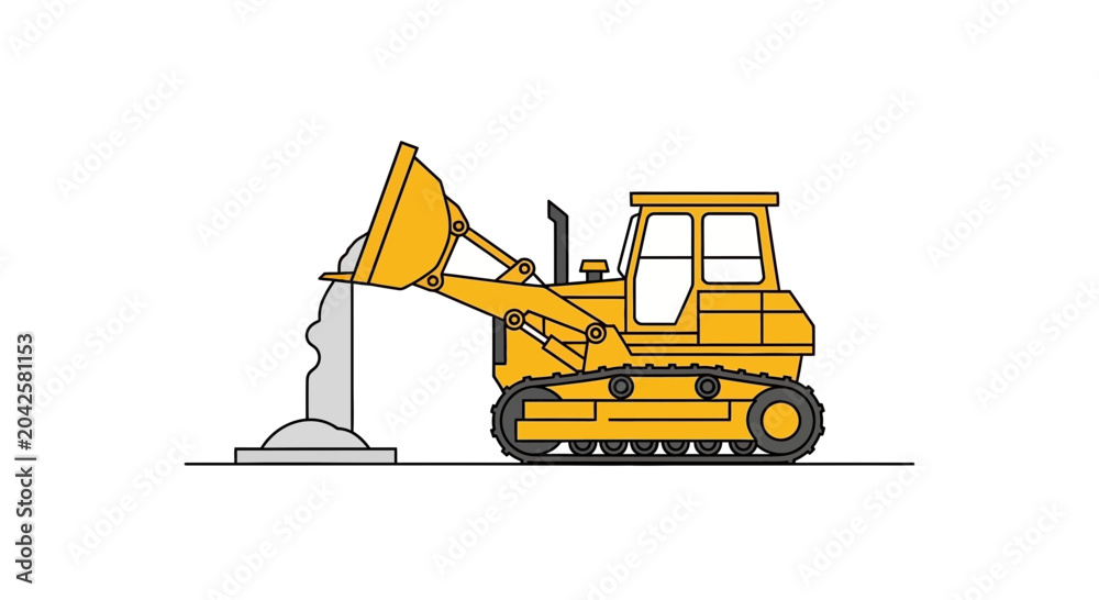 Fototapeta premium Yellow bulldozer loading concrete, construction equipment illustration