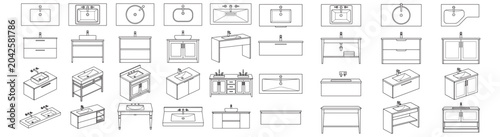 Bathroom Sink and Vanity Line Art Icons Set — Top View and Perspective Sketches for Design