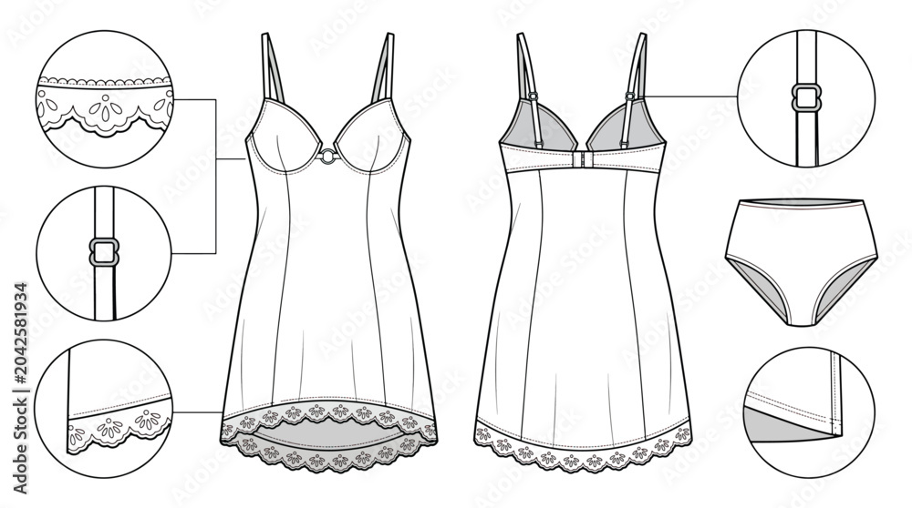Obraz premium Lingerie Slip Technical Flat With Lace Trim Front And Back Views And Sewing Details