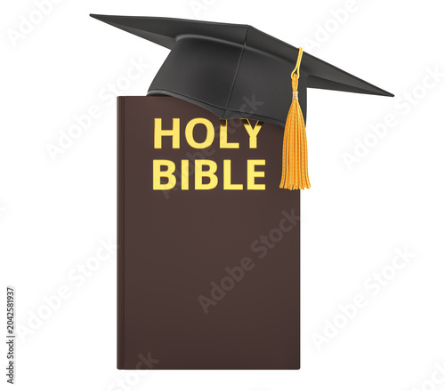 Holy Bible book with graduation cap. 3D rendering