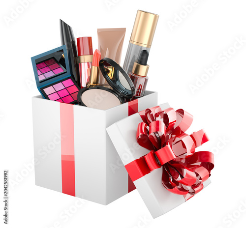 Makeup gift box with beauty cosmetics and red bow. 3D rendering
