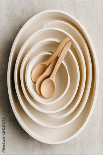 Stack of ceramic bowls with wooden spoons minimalist kitchenware.