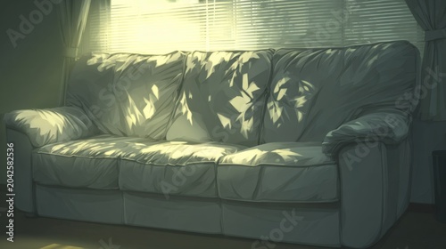 Sunlit Couch with Leaf Shadows A Serene Interior Scene.