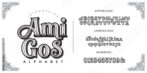 Amigos playful hand drawn shaded slab serif typography font alphabet set
