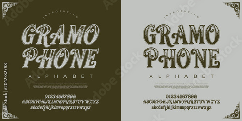 Gramophone elegant vintage engraved alphabet font set with decorative royal corner frame