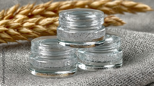 Three clear glass jars stacked on a textured surface with wheat.