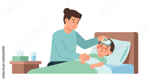 Fotografía A concerned mother cares for her sick son, who lies in bed with a thermometer and a cooling patch on his forehead