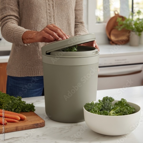 Woman Composting Food Scraps in Kitchen Composter.