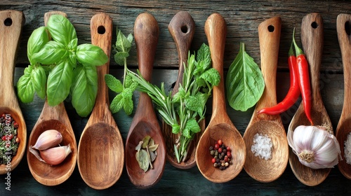 Wooden Spoons Displaying Fresh Herbs and Spices on Rustic Wood.