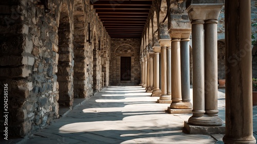 Ancient Stone Cloister Corridor with Columns and Shadows.