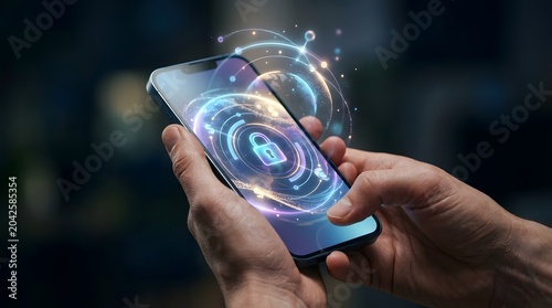 Hands holding smartphone with glowing security lock animation