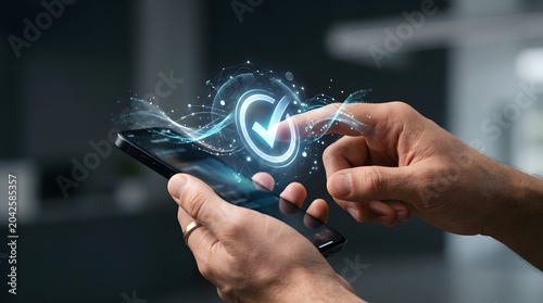 Hands using smartphone with holographic interface