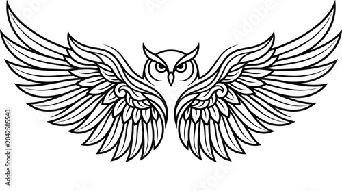 Tableau sur toile Stylized Owl with Spread Wings, Tattoo Design, Line Art