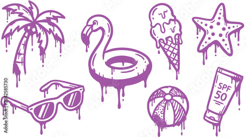 Dripping Melting Pink Neon Summer Vector Set with Graffiti Style Palm Tree Flamingo Float Ice Cream Starfish Sunglasses Beach Ball and Sunscreen Clipart