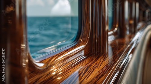 Luxury Yacht Interior Window View Overlooking the Ocean.