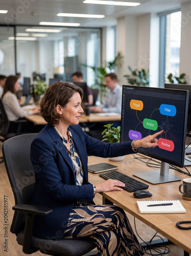 Businesswoman interacting with workflow automation software in office

