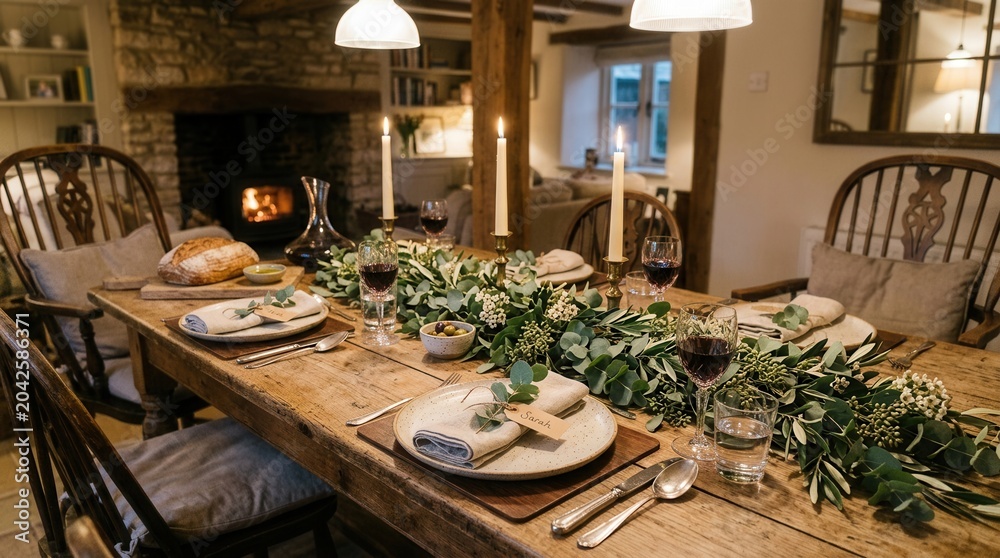 Fototapeta premium Rustic Dining Table Setting with Fireplace and Candles.
