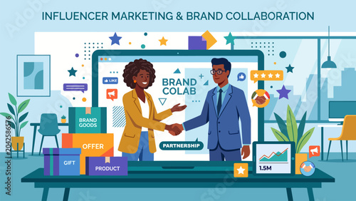 Photos Diverse content creator and brand manager making an endorsement deal or partnership agreement through computer